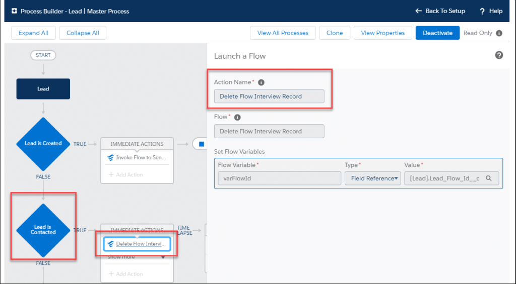 Add a criteria action group to our process builder to delete the Flow Interview record - Example