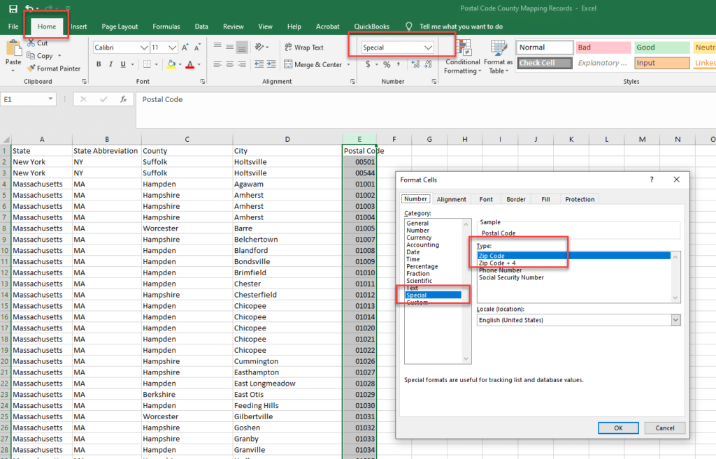 MS Excel Review Postal Code Data